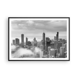 Plakat w czarnej ramie - Panorama miasta z wieżowcami w chmurach w czerni i bieli - 100x70cm - Pejzaż amerykański - Nowoczesna dekoracja ścienna do salonu i sypialni ARTTOR