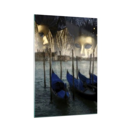 Obraz na szkle - Weneckie maski karnawałowe i gondole na tle miasta i wody - 70x100cm - Karnawał czas zacząć - Nowoczesna dekoracja ścienna do salonu i sypialni ARTTOR