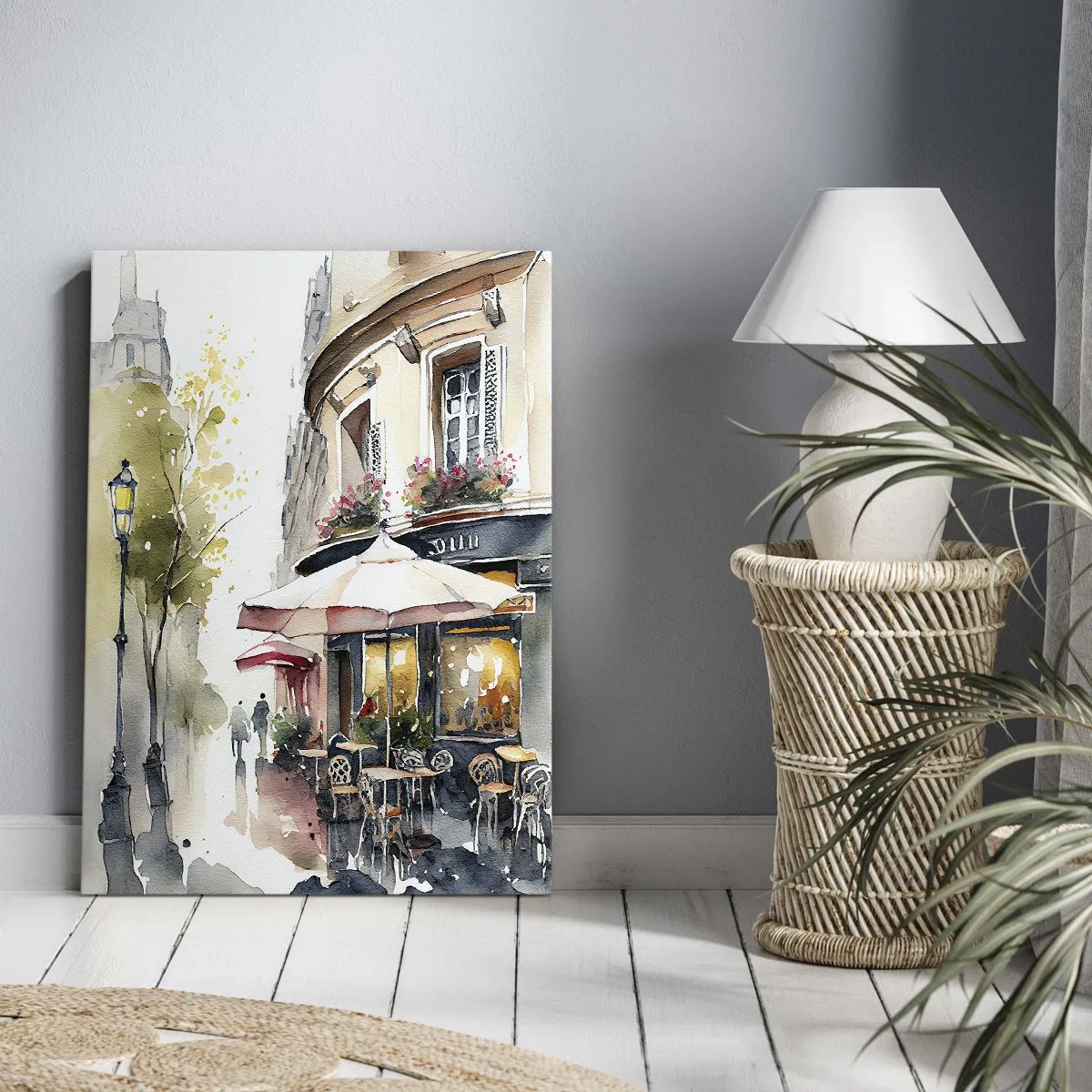 Obraz na płótnie - Urocza kawiarnia na rogu ulicy w akwarelowym stylu - 50x70cm - Paryski poranek - Nowoczesna dekoracja ścienna do salonu, kuchni i sypialni ARTTOR