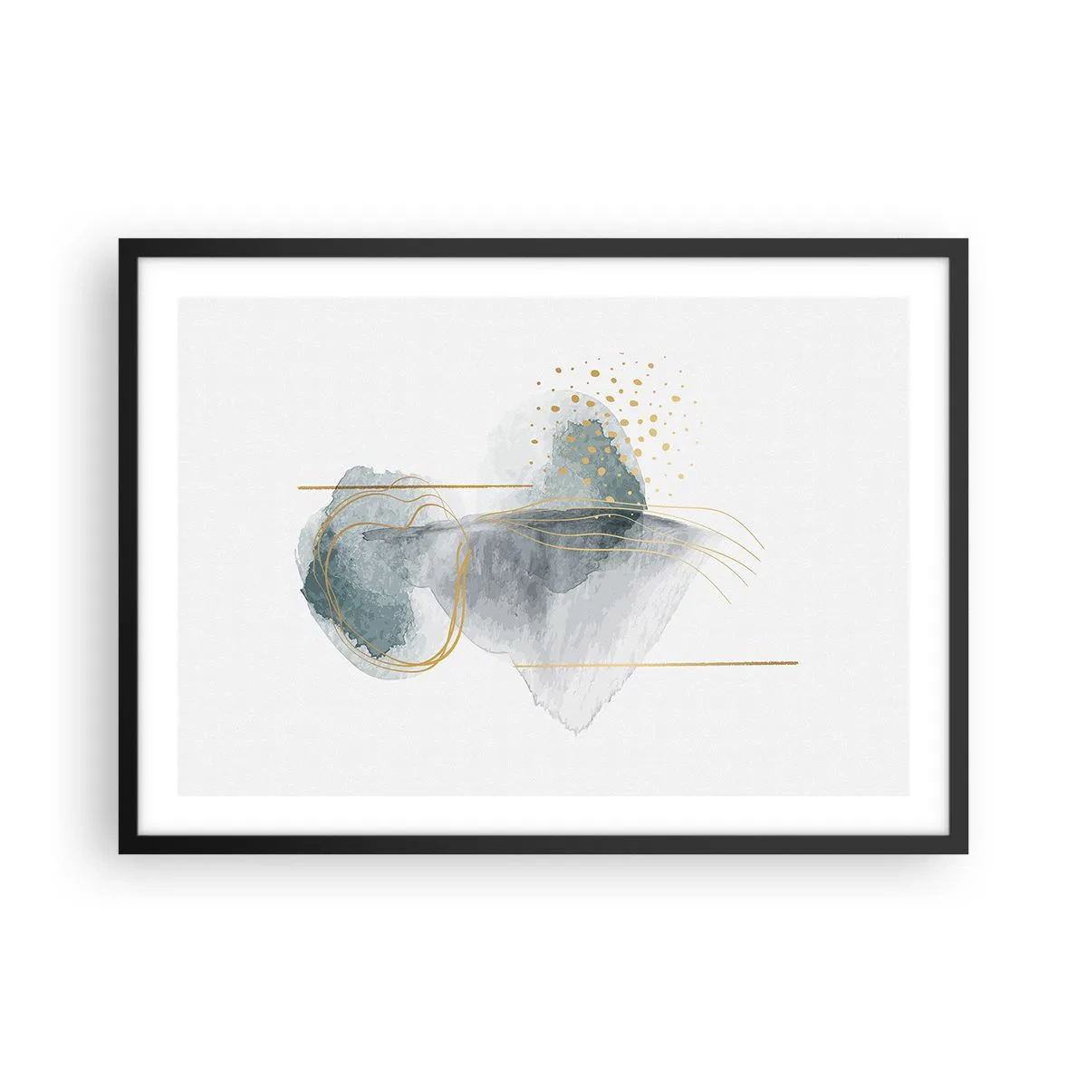 Plakat w czarnej ramie - Abstrakcyjna kompozycja w odcieniach turkusu i złota - 70x50cm - O związkach szarości i złota - Nowoczesna dekoracja ścienna do salonu i sypialni ARTTOR