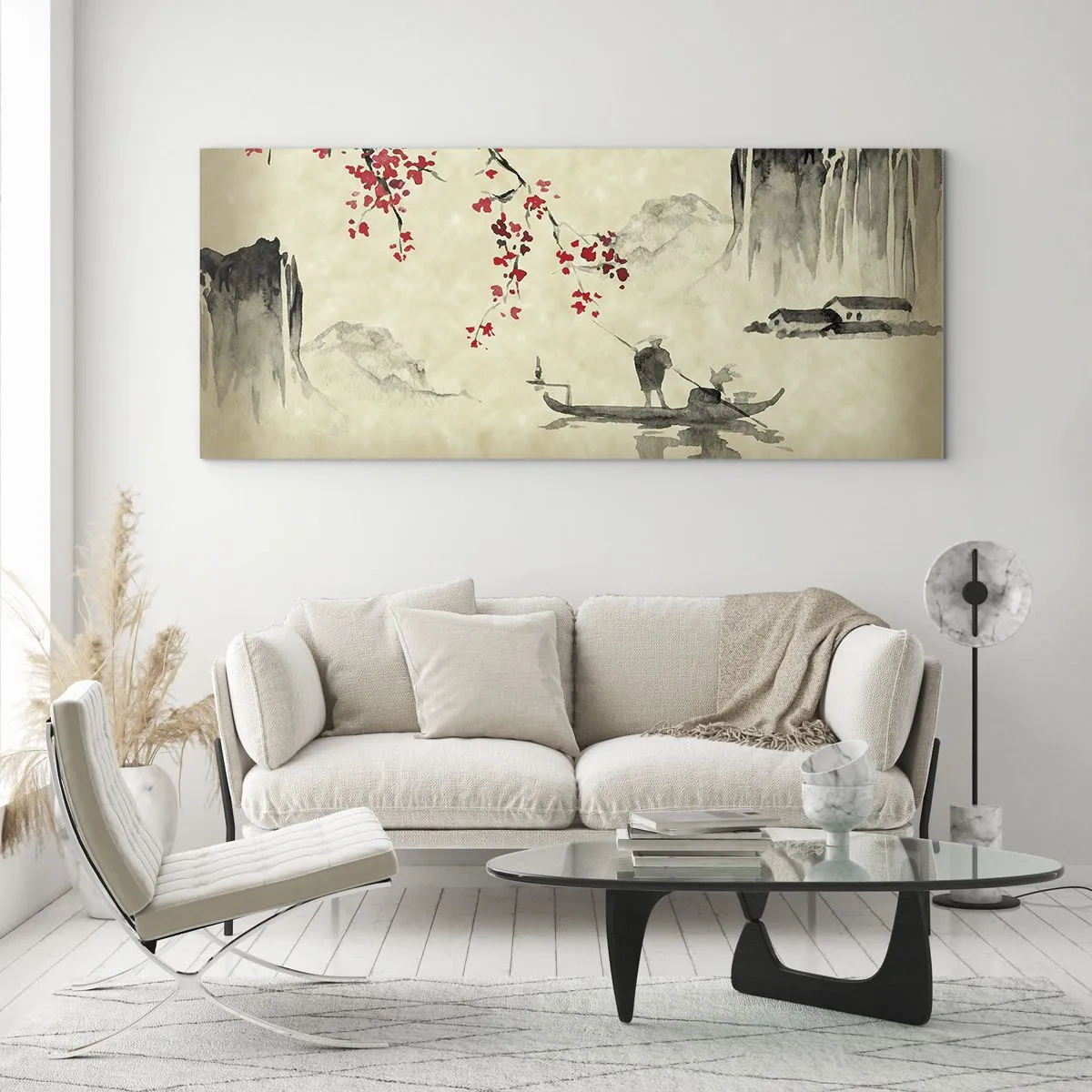 Obraz na szkle - Orientalna ilustracja z łodzią i kwitnącą gałęzią - 120x50cm - W kraju kwitnącej wiśni - Nowoczesna dekoracja ścienna do salonu i sypialni ARTTOR