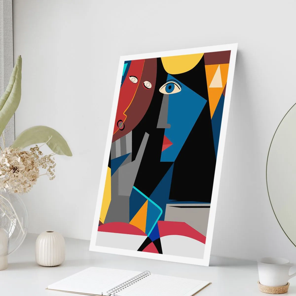 Plakat - Kubistyczna abstrakcja twarzy w żywych kolorach - 50x70cm - Rozmowa kubistów - Nowoczesna dekoracja ścienna do salonu, kuchni i sypialni ARTTOR