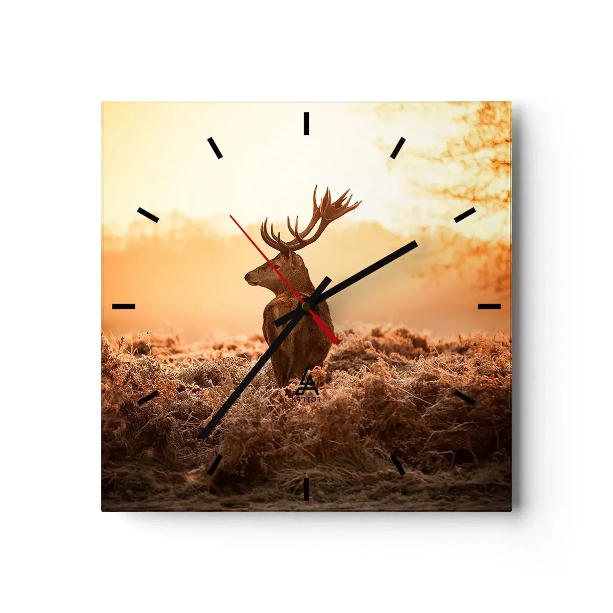 Zegar ścienny - Jeleń w promieniach wschodzącego słońca - 30x30cm - Pan na włościach - Nowoczesna dekoracja ścienna do salonu i sypialni ARTTOR