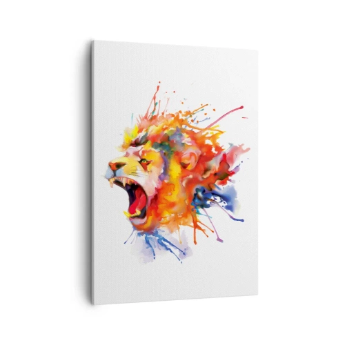 Obraz na płótnie - Kolorowy lew w dynamicznej akwareli - 50x70cm - Wybuchnąć gniewem  - Nowoczesna dekoracja ścienna do salonu, kuchni i sypialni ARTTOR