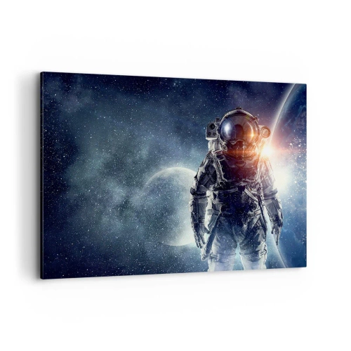 Obraz na płótnie - Astronauta na tle kosmosu i planety Ziemi - 100x70cm - Kosmiczna przygoda - Nowoczesna dekoracja ścienna do salonu, kuchni i sypialni ARTTOR