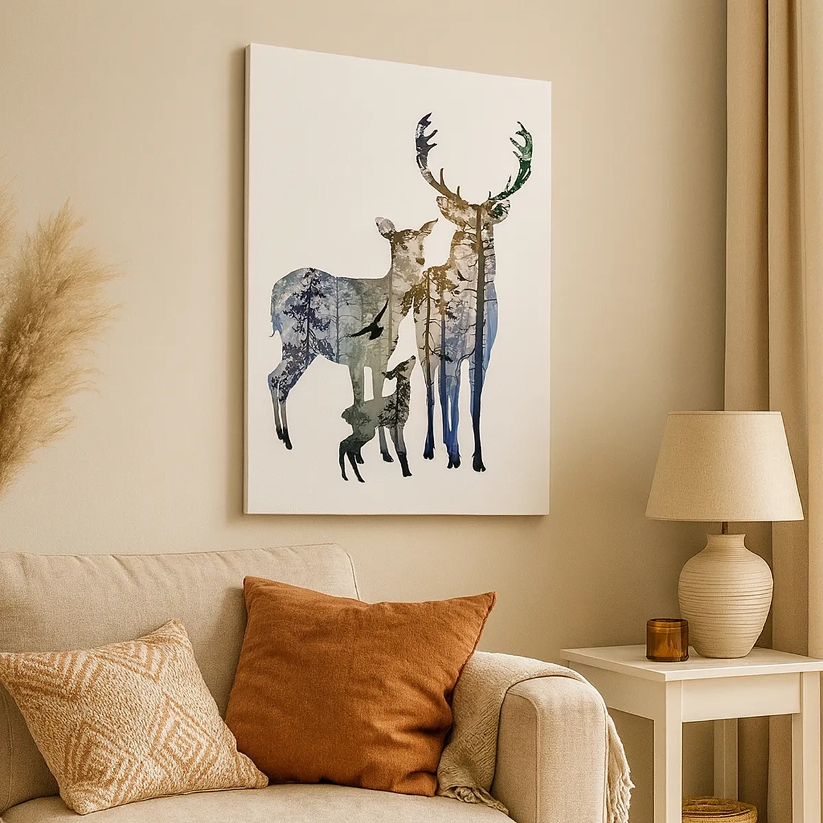 Obraz na płótnie - Sylwetki jeleni z motywem lasu w tle na jasnym tle - 50x70cm - Rodzinna fotografia - Nowoczesna dekoracja ścienna do salonu, kuchni i sypialni ARTTOR