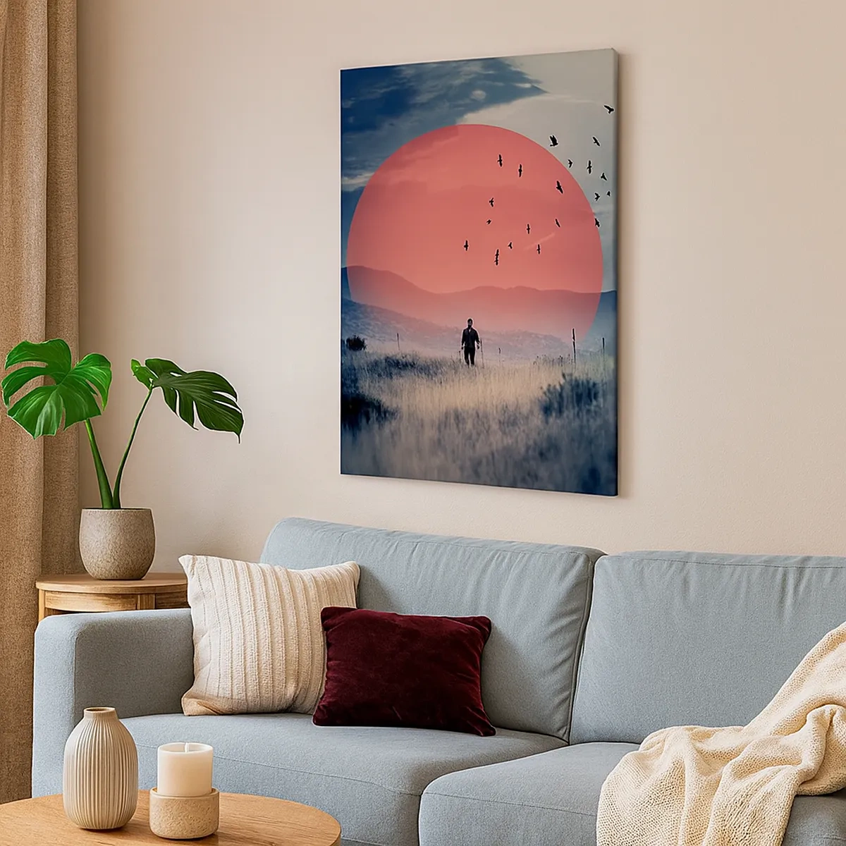 Obraz na płótnie - Sylwetka mężczyzny na polu z wielkim czerwonym słońcem w tle - 50x70cm - W swoich żywiołach - Nowoczesna dekoracja ścienna do salonu, kuchni i sypialni ARTTOR