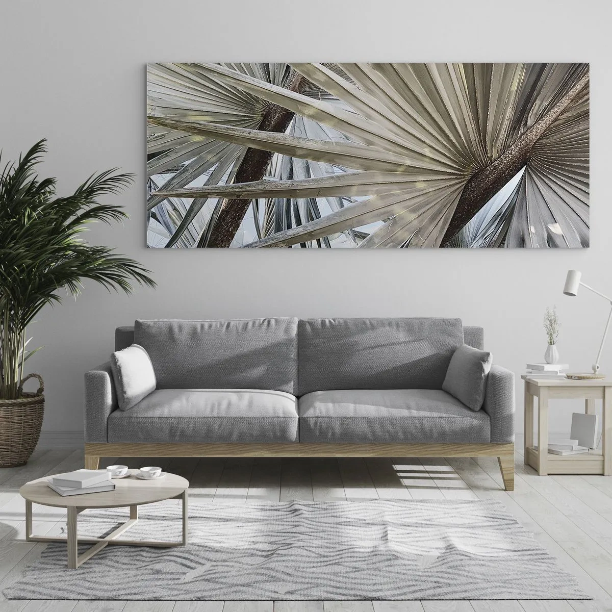 Obraz na szkle - Liście palmowe w naturalnych odcieniach zieleni na zbliżeniu - 120x50cm - Wachlarze w tropikach - Nowoczesna dekoracja ścienna do salonu i sypialni ARTTOR