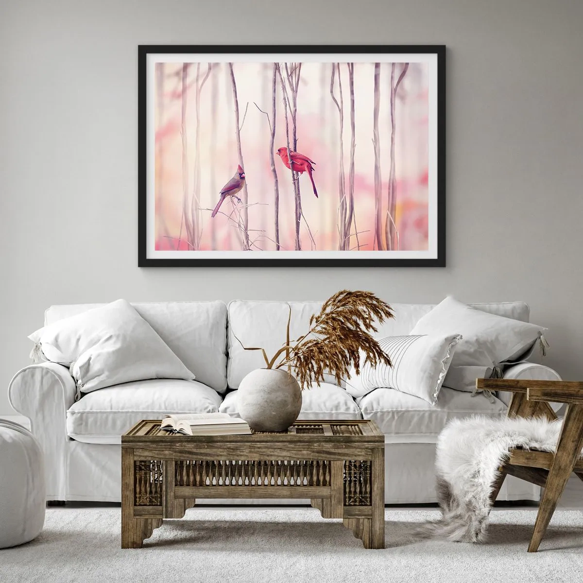 Plakat w czarnej ramie - Para kardynałów na gałęziach w pastelowym krajobrazie - 70x50cm - Opowieść różowego lasu - Nowoczesna dekoracja ścienna do salonu i sypialni ARTTOR