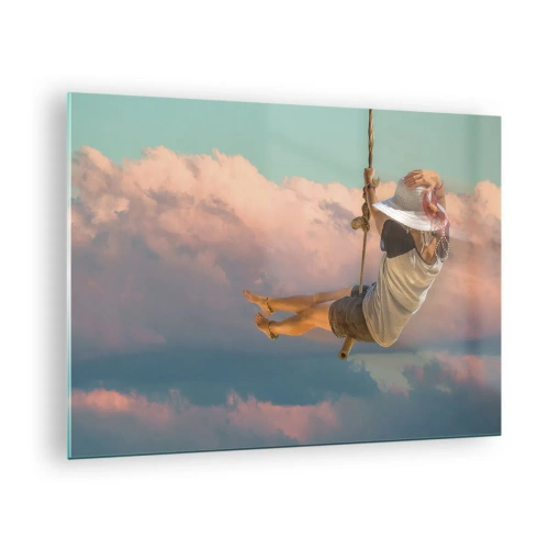 Obraz na szkle - Dziewczyna na huśtawce wśród różowych chmur - 70x50cm - Zabawa w obłokach - Nowoczesna dekoracja ścienna do salonu i sypialni ARTTOR