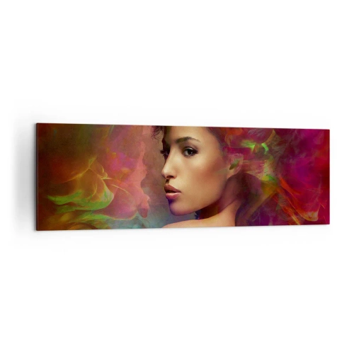 Obraz na płótnie - Kobieta z kolorowymi refleksami tworzącymi abstrakcyjne tło - 160x50cm - Piękniejsza od tęczy, delikatna jak mgła - Nowoczesna dekoracja ścienna do salonu i sypialni ARTTOR
