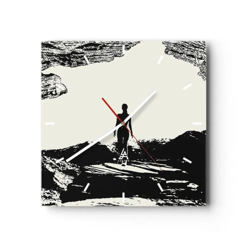 Zegar ścienny - Czarno-biała sylwetka kobiety w jaskini na tle nieba - 30x30cm - Nowe spojrzenie - Nowoczesna dekoracja ścienna do salonu i sypialni ARTTOR