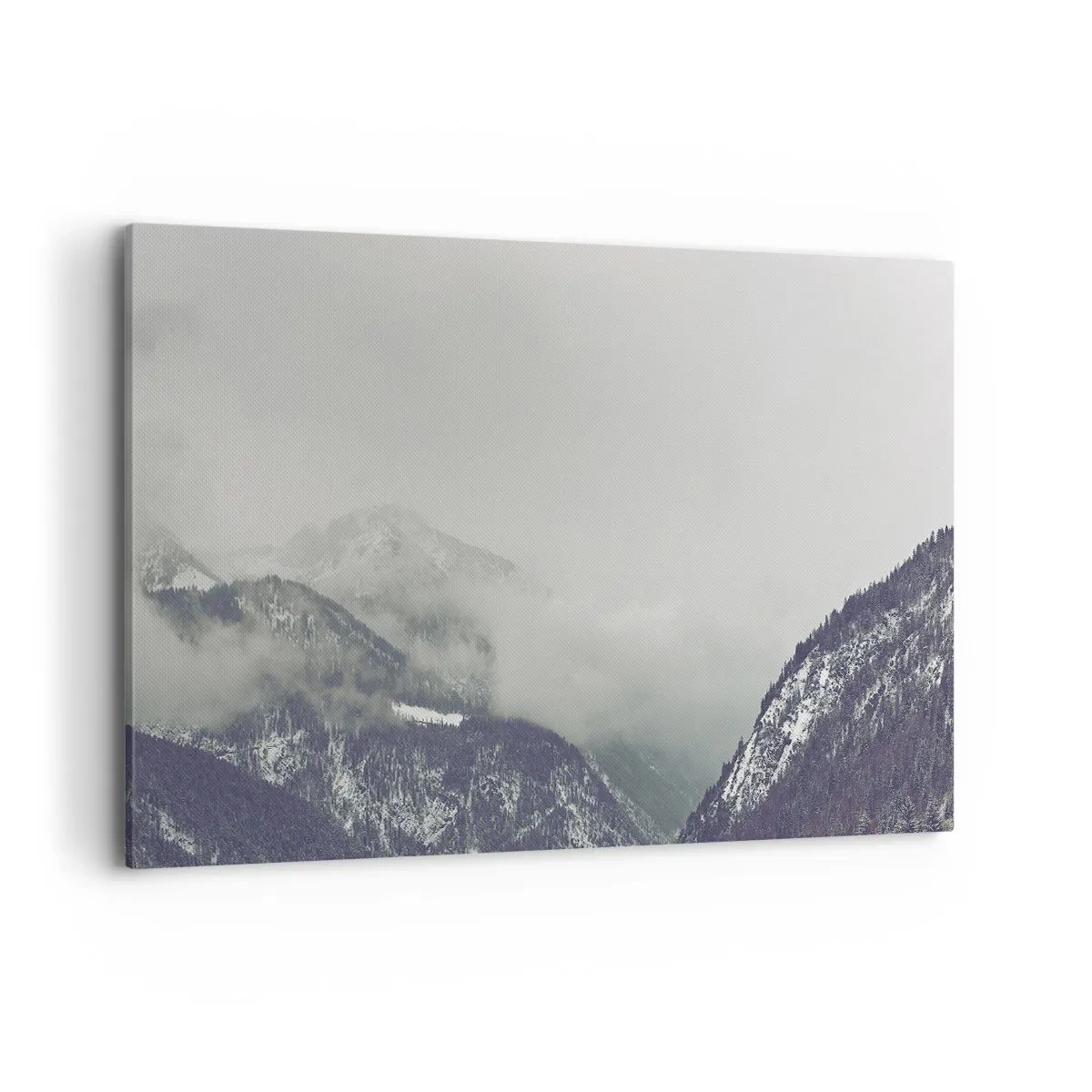 Obraz na płótnie - Górska dolina spowita mgłą w odcieniach szarości - 100x70cm - Omglona dolina - Nowoczesna dekoracja ścienna do salonu, kuchni i sypialni ARTTOR
