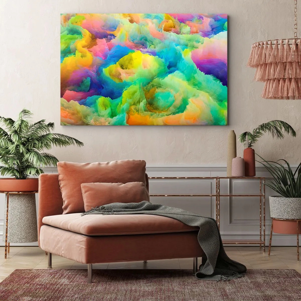 Obraz na płótnie - Abstrakcyjna kompozycja w tęczowych barwach - 120x80cm - Tęczowy puch - Nowoczesna dekoracja ścienna do salonu, kuchni i sypialni ARTTOR