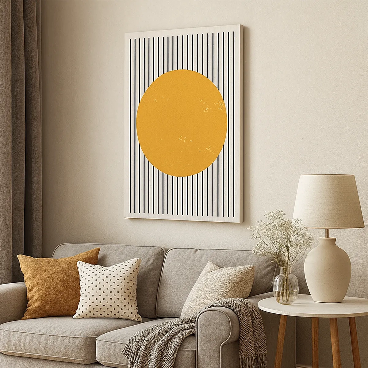 Obraz na płótnie - Geometryczna kompozycja z żółtym kołem na tle pionowych linii - 50x70cm - Siła prostoty - Nowoczesna dekoracja ścienna do salonu, kuchni i sypialni ARTTOR
