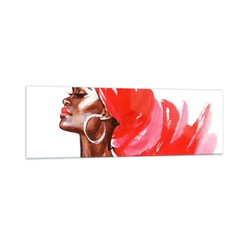 Obraz na szkle - Profil kobiety z czerwonym turbanem i kolczykami - 160x50cm - "Jest wiatr, co nozdrza mężczyzny rozchyla" - Nowoczesna dekoracja ścienna do salonu i sypialni ARTTOR