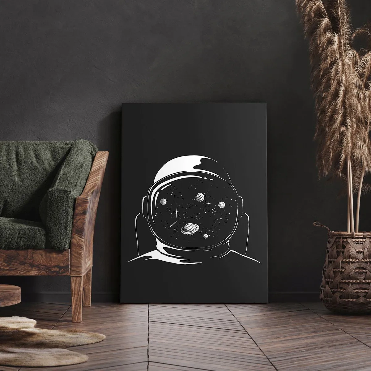 Obraz na płótnie - Astronautyczny hełm z widokiem na kosmos w minimalistycznym stylu - 80x120cm - Niezły widok - Nowoczesna dekoracja ścienna do salonu i sypialni ARTTOR