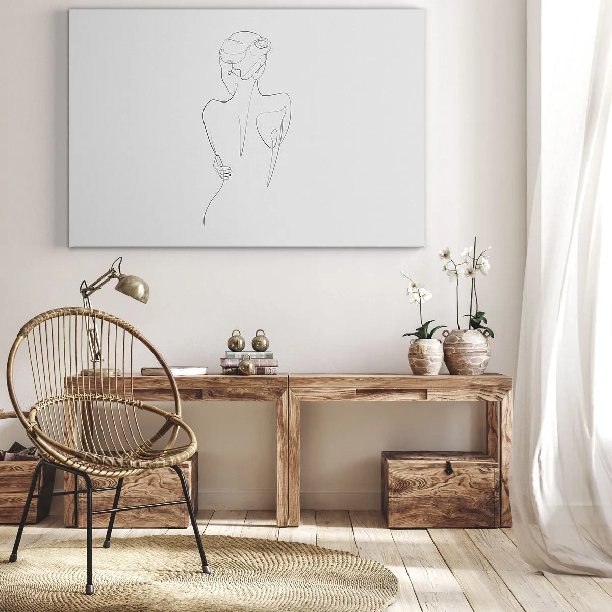 Obraz na płótnie - Linia konturowa przedstawiająca kobiecą sylwetkę na jasnym tle - 70x50cm - Muzyka ciała - Nowoczesna dekoracja ścienna do salonu i sypialni ARTTOR
