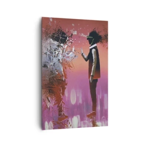 Obraz na płótnie - Abstrakcyjna scena z futurystyczną postacią i rozpraszającymi się elementami - 80x120cm - Czy można wejrzeć w siebie? - Nowoczesna dekoracja ścienna do salonu i sypialni ARTTOR