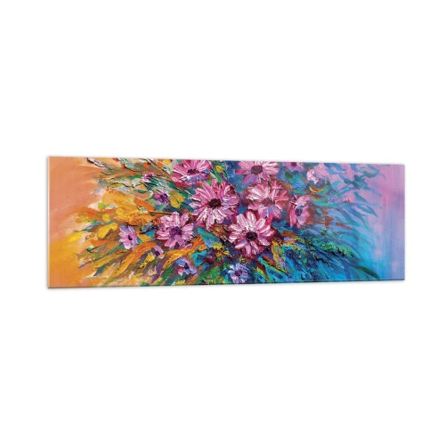 Obraz na szkle - Kolorowe kwiaty w bukiecie na tle w pastelowych odcieniach - 160x50cm - Energia życia - Nowoczesna dekoracja ścienna do salonu i sypialni ARTTOR