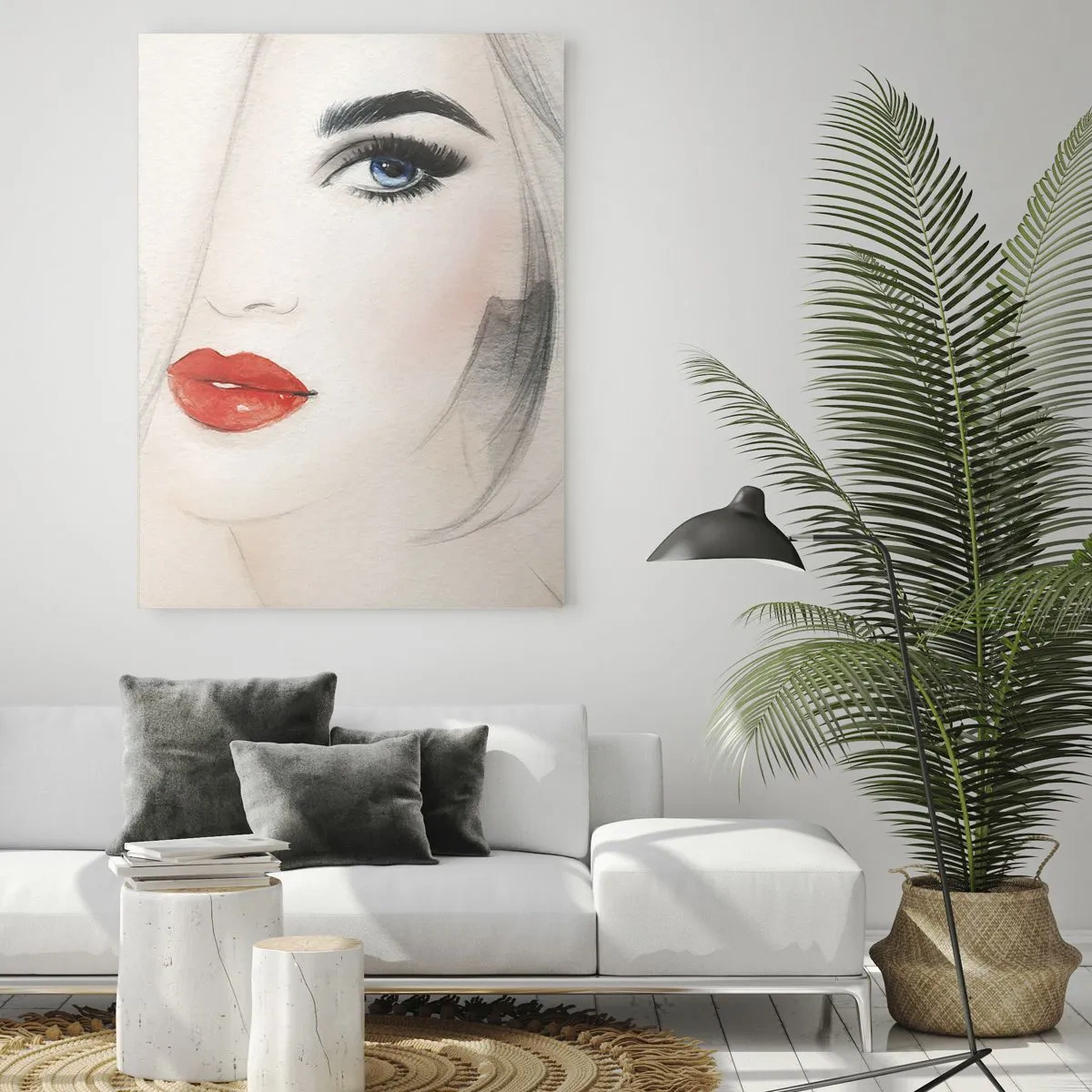 Obraz na szkle - Minimalistyczny portret kobiety z niebieskim okiem i czerwonymi ustami - 70x100cm - Hipnotyzuje i odurza - Nowoczesna dekoracja ścienna do salonu i sypialni ARTTOR