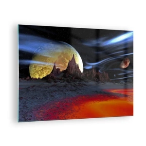 Obraz na szkle - Obcy krajobraz z planetą i kolorowym niebem - 70x50cm - Nieznany świat - Nowoczesna dekoracja ścienna do salonu i sypialni ARTTOR