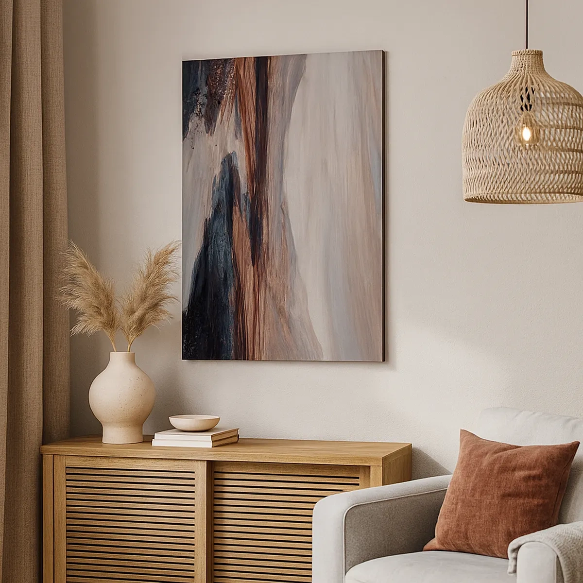 Obraz na płótnie - Abstrakcyjna kompozycja w odcieniach brązu, beżu i czerni z dynamicznymi pociągnięciami pędzla - 50x70cm - Spokojna dolina - Nowoczesna dekoracja ścienna do salonu, kuchni i sypialni ARTTOR