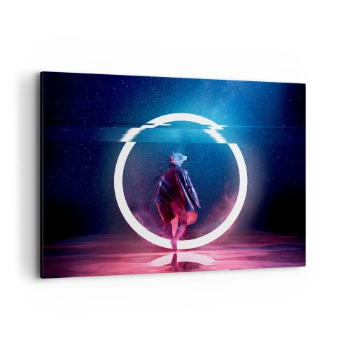 Obraz na płótnie - Postać w futurystycznym otoczeniu z neonowym okręgiem - 100x70cm - Między światami - Nowoczesna dekoracja ścienna do salonu, kuchni i sypialni ARTTOR