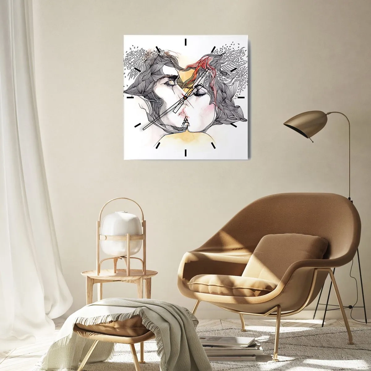 Zegar ścienny - Artystyczny portret pary z abstrakcyjnymi motywami włosów - 30x30cm - Świat nie istnieje - Nowoczesna dekoracja ścienna do salonu i sypialni ARTTOR