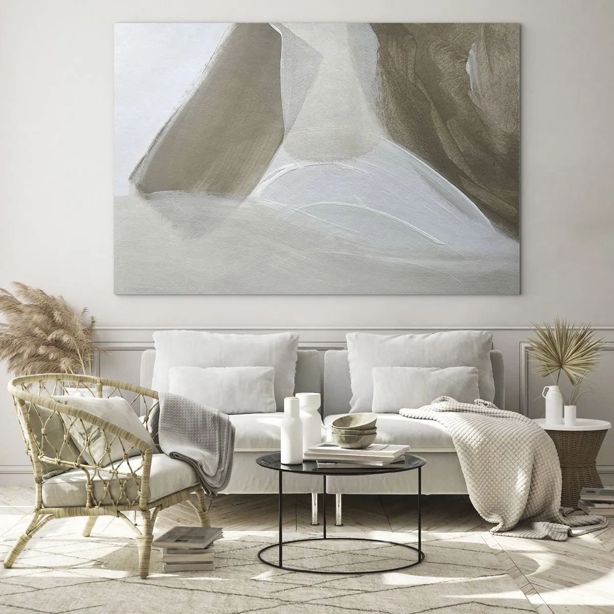 Obraz na szkle - Delikatna abstrakcja w bieli i beżu z miękkimi pociągnięciami - 70x50cm - Fala bieli - Nowoczesna dekoracja ścienna do salonu i sypialni ARTTOR