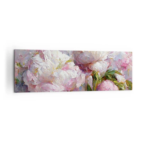 Obraz na płótnie - Romantyczne kwiaty piwonii w pastelowych barwach - 160x50cm - Kipiący życiem bukiet - Nowoczesna dekoracja ścienna do salonu i sypialni ARTTOR