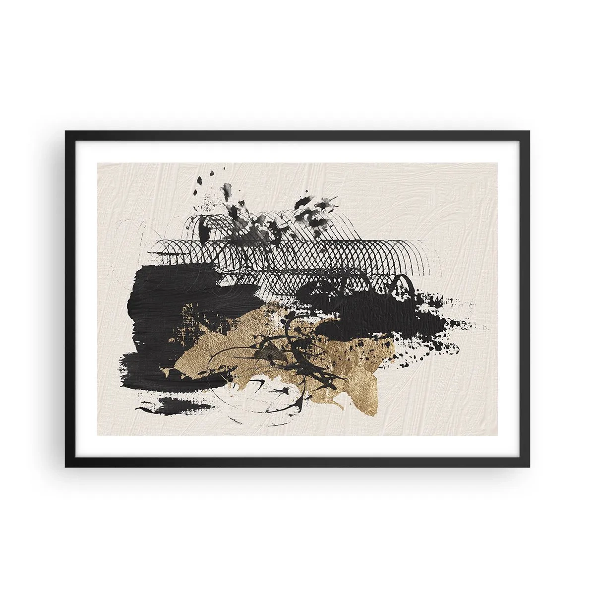 Plakat w czarnej ramie - Abstrakcyjny obraz w czerni i złocie z dynamicznymi liniami i strukturami - 70x50cm - Kompozycja z pasją - Nowoczesna dekoracja ścienna do salonu i sypialni ARTTOR