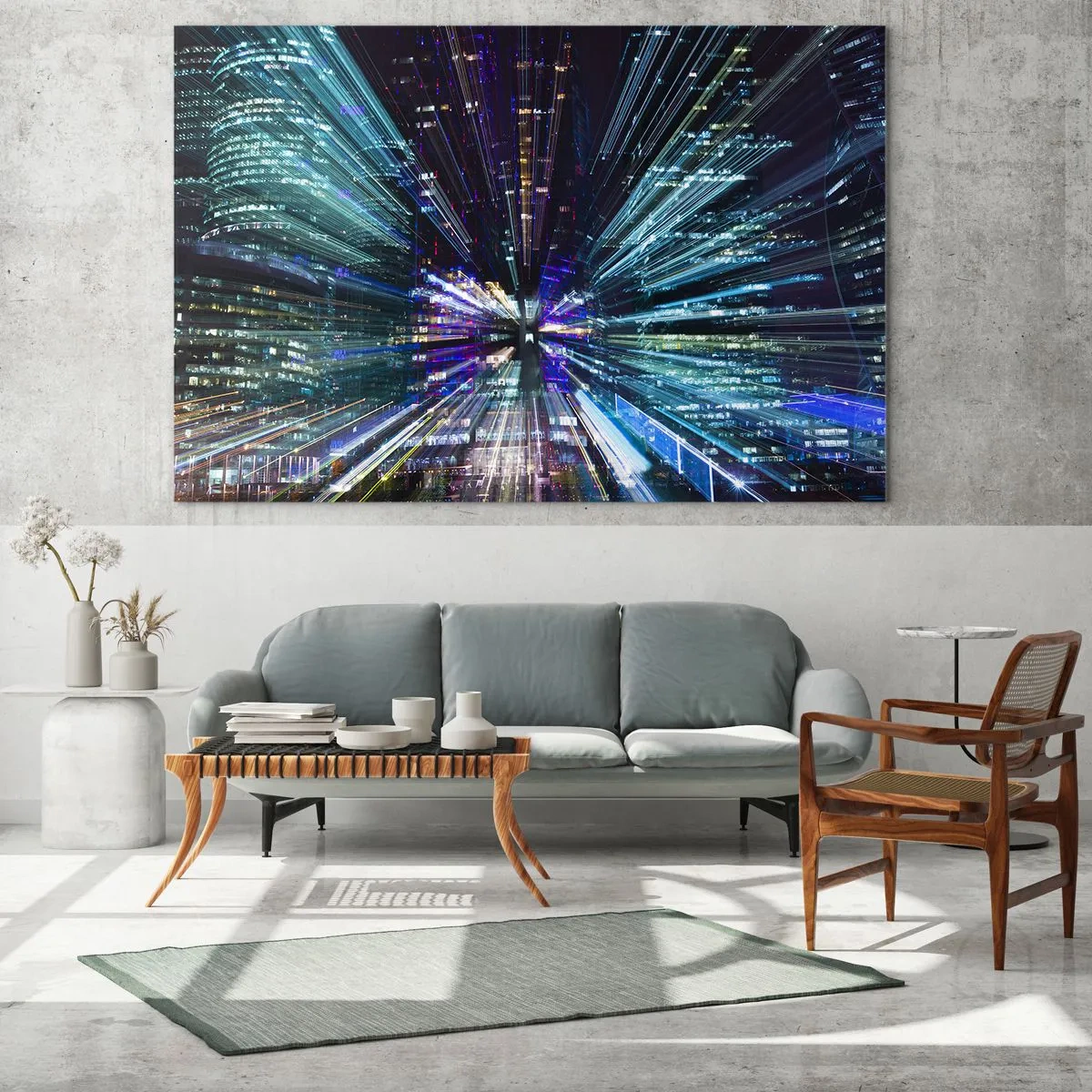 Obraz na szkle - Dynamiczne linie świetlne na tle nocnego miasta - 100x70cm - Przejście w nadprzestrzeń - Nowoczesna dekoracja ścienna do salonu, kuchni i sypialni ARTTOR