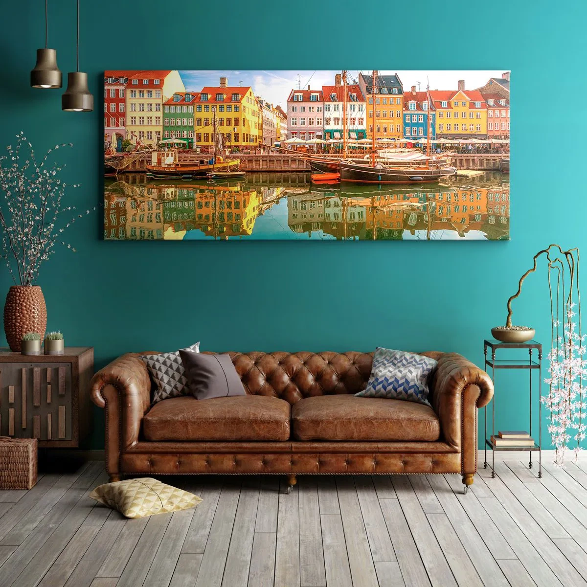 Obraz na płótnie - Kolorowe kamienice nad kanałem w Kopenhadze - 120x50cm - Nad wodą gładką jak lustro - Nowoczesna dekoracja ścienna do salonu i sypialni ARTTOR