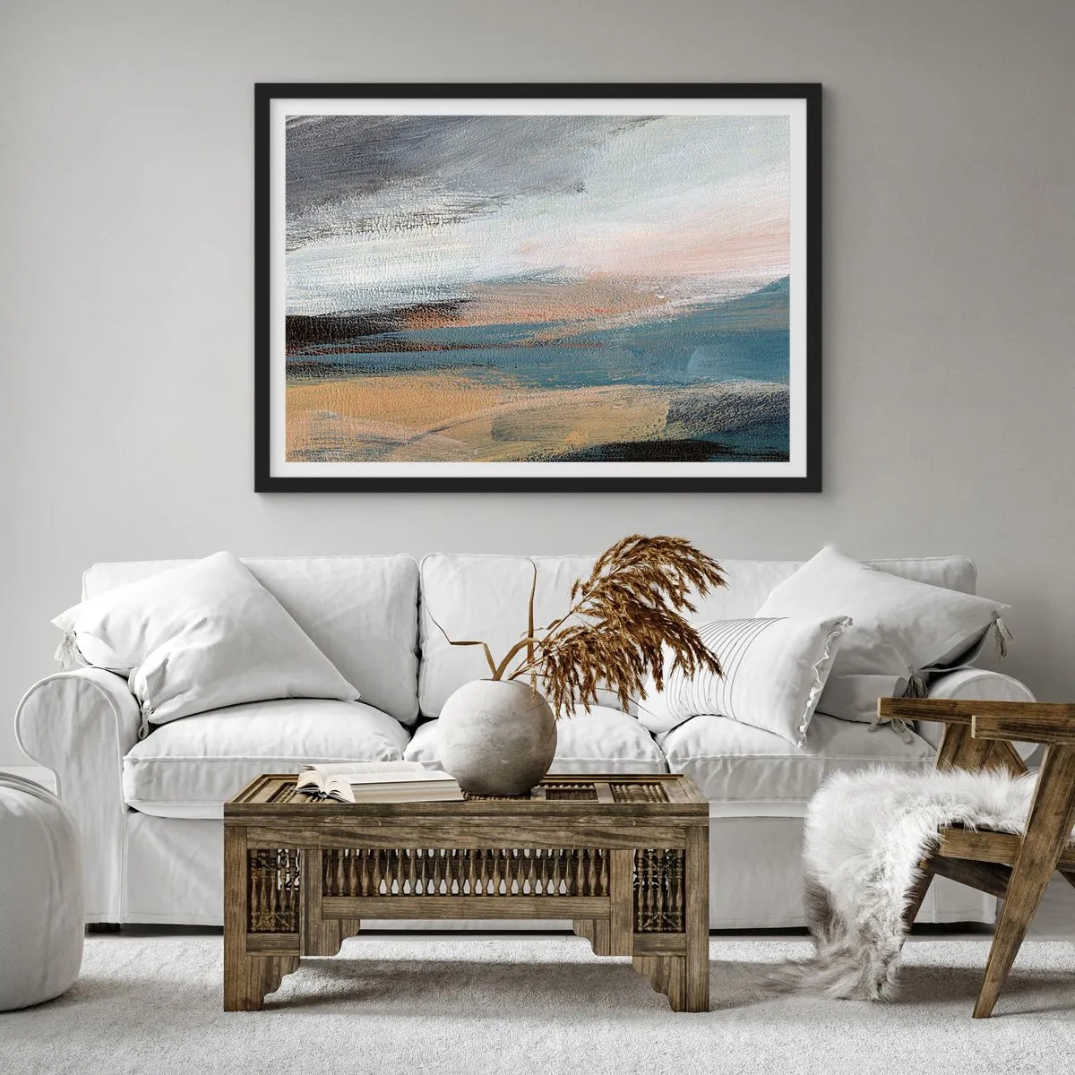 Plakat w czarnej ramie - Pejzaż abstrakcyjny w stonowanych odcieniach błękitu i beżu - 70x50cm - Abstrakcja: pejzaż północny - Nowoczesna dekoracja ścienna do salonu i sypialni ARTTOR