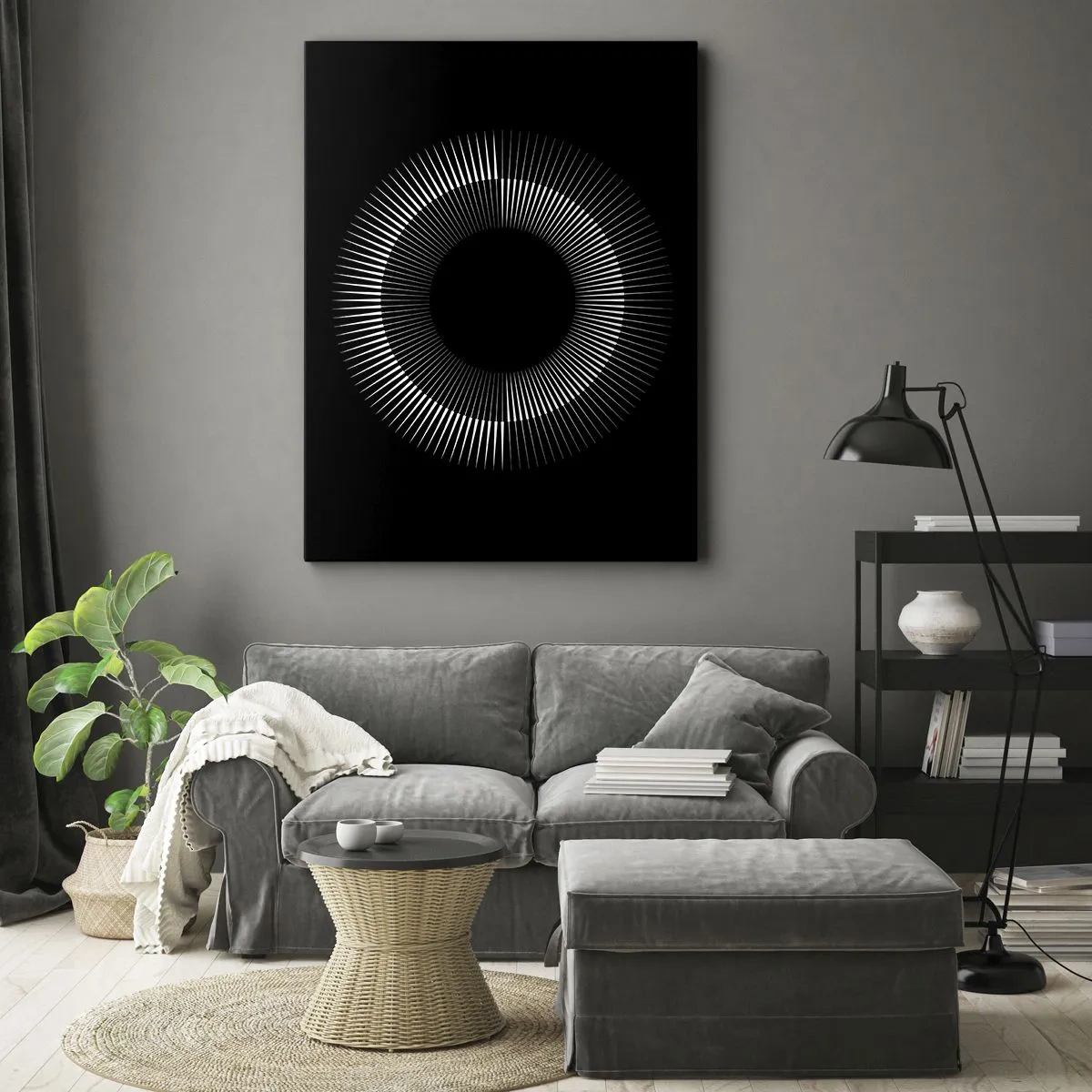 Obraz na płótnie - Minimalistyczny czarno-biały okrąg z promieniami na czarnym tle - 50x70cm - Czarne Słońce - Nowoczesna dekoracja ścienna do salonu, kuchni i sypialni ARTTOR