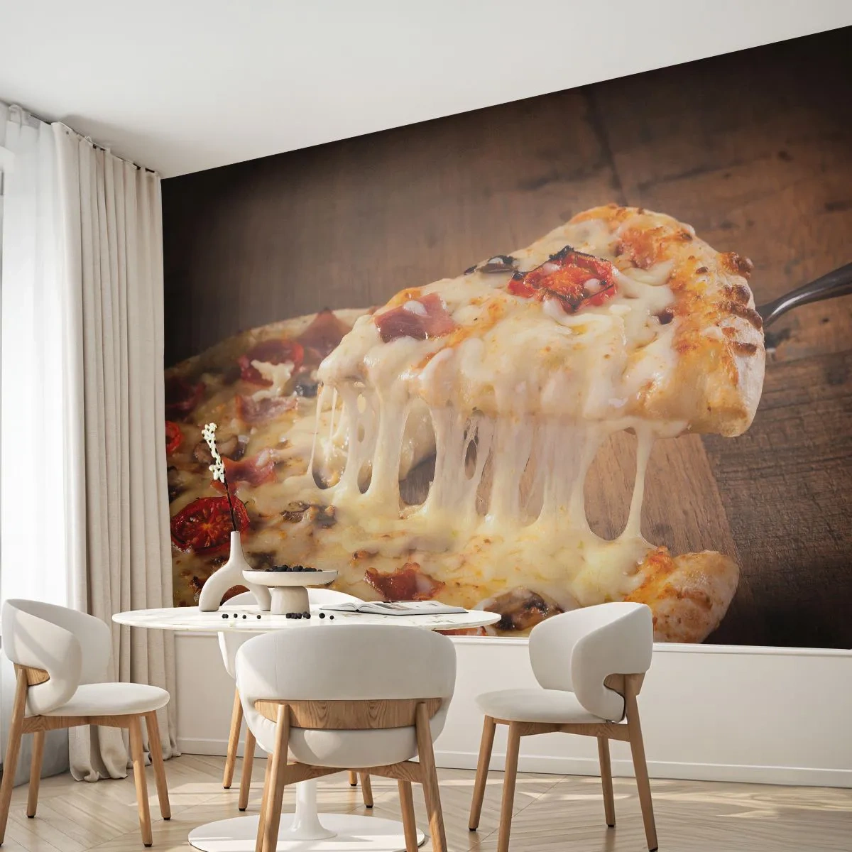 Fototapeta Premium Canvas - Pizza z ciągnącym się serem - 100x70cm - Arcydzieło sztuki włoskiej - Nowoczesna dekoracja ścienna do salonu i sypialni ARTTOR