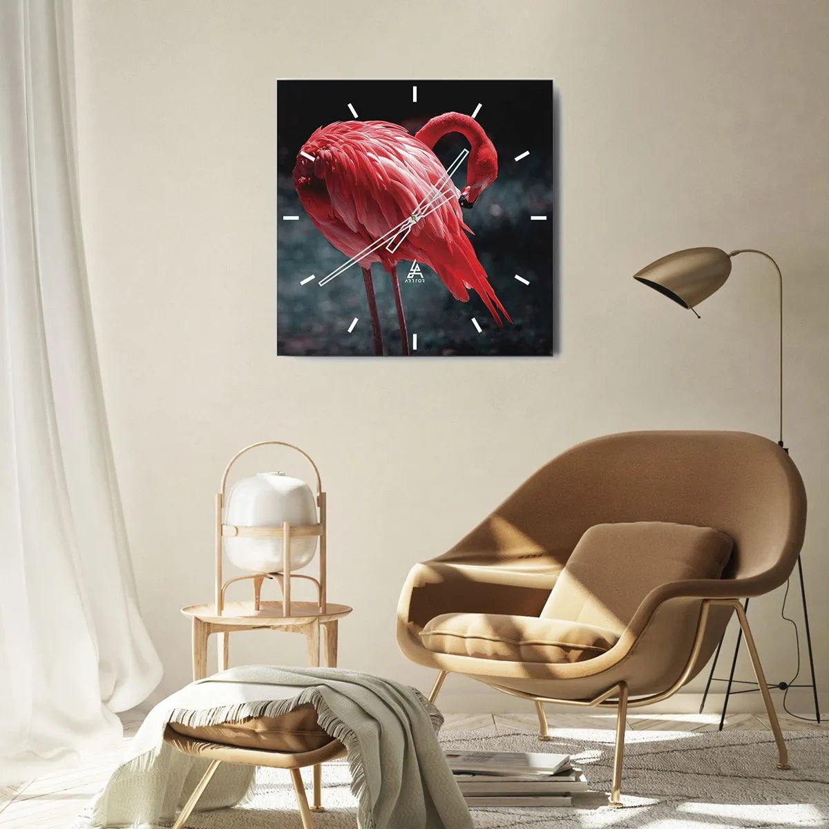 Zegar ścienny - Różowy flaming na tle ciemnej zieleni - 30x30cm - Karmazynowy poemat natury - Nowoczesna dekoracja ścienna do salonu i sypialni ARTTOR