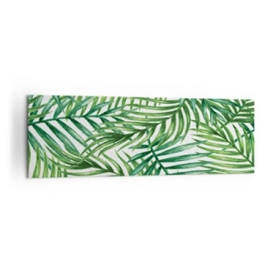 Obraz na płótnie - Zielone liście tropikalnych palm na jasnym tle - 160x50cm - Pod zielonym baldachimem - Nowoczesna dekoracja ścienna do salonu i sypialni ARTTOR