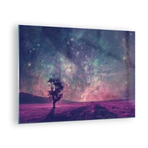 Obraz na szkle - Drzewo na tle rozgwieżdżonego nieba i galaktyki - 70x50cm - Pod magicznym niebem - Nowoczesna dekoracja ścienna do salonu i sypialni ARTTOR
