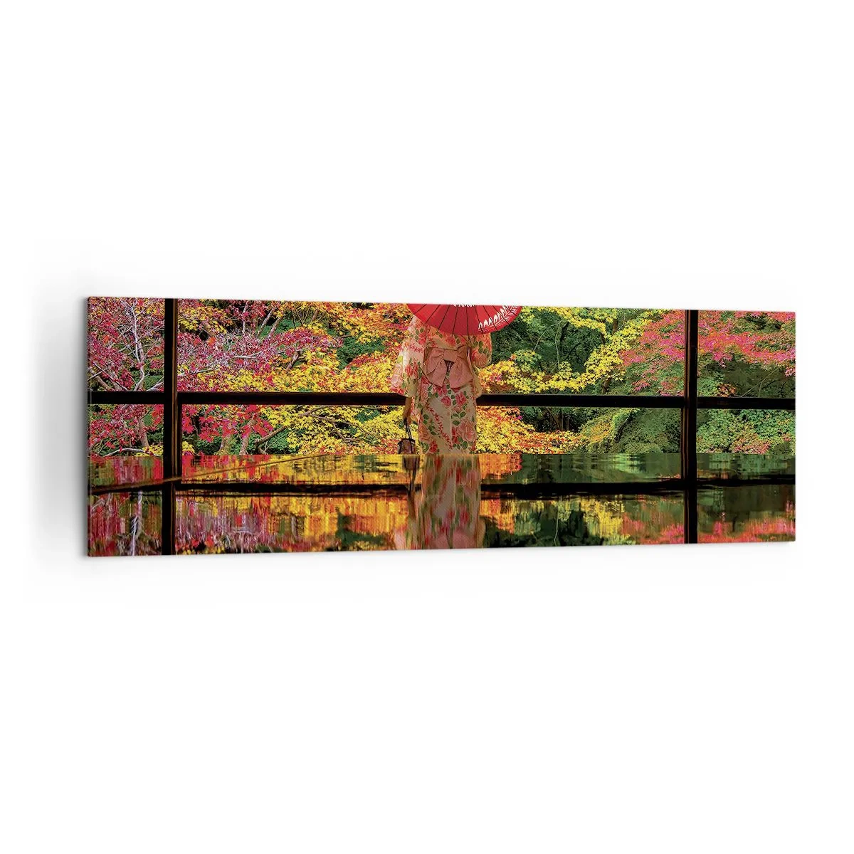 Obraz na płótnie - Kobieta w kimonie z parasolem na tle jesiennego krajobrazu - 160x50cm - W świątyni natury - Nowoczesna dekoracja ścienna do salonu i sypialni ARTTOR