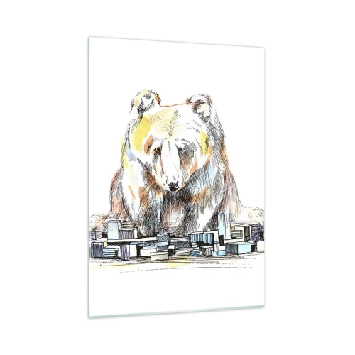 Obraz na szkle - Niedźwiedź patrzący na miasto w artystycznej kompozycji - 50x70cm - Jak można tak żyć? - Nowoczesna dekoracja ścienna do salonu, kuchni i sypialni ARTTOR