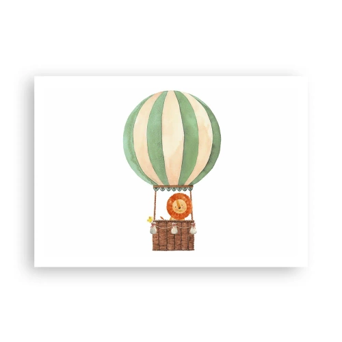 Plakat - Balon z uśmiechniętym lwem w koszu w pastelowych barwach - 100x70cm - Podróże Leona - Nowoczesna dekoracja ścienna do salonu i sypialni ARTTOR