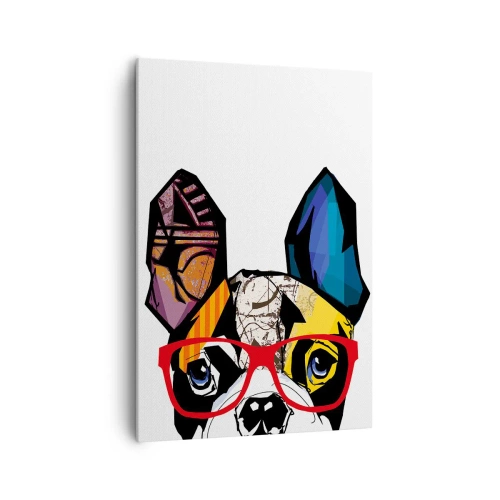 Obraz na płótnie - Bulldog w kolorowej ilustracji z czerwonymi okularami - 70x100cm - Intelektualista - Nowoczesna dekoracja ścienna do salonu i sypialni ARTTOR