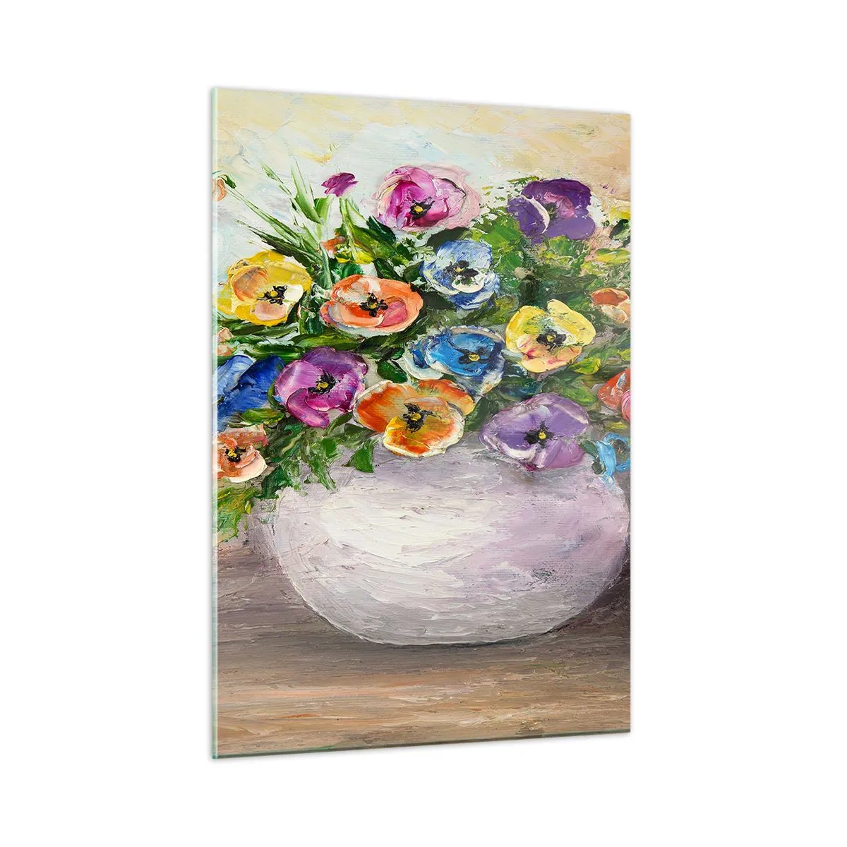 Obraz na szkle - Bukiet kolorowych kwiatów w białym wazonie - 50x70cm - Martwa natura z białym wazonem - Nowoczesna dekoracja ścienna do salonu, kuchni i sypialni ARTTOR