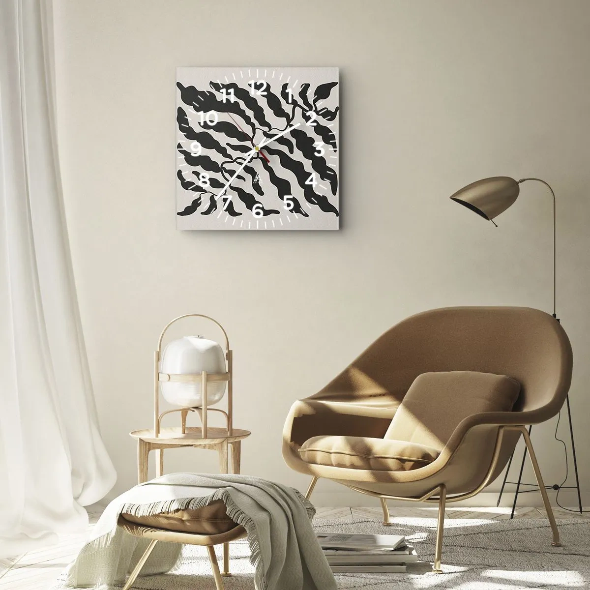 Zegar ścienny - Gałązki z liśćmi w czerni na jasnym tle - 30x30cm - Natura kwadratu - Nowoczesna dekoracja ścienna do salonu i sypialni ARTTOR
