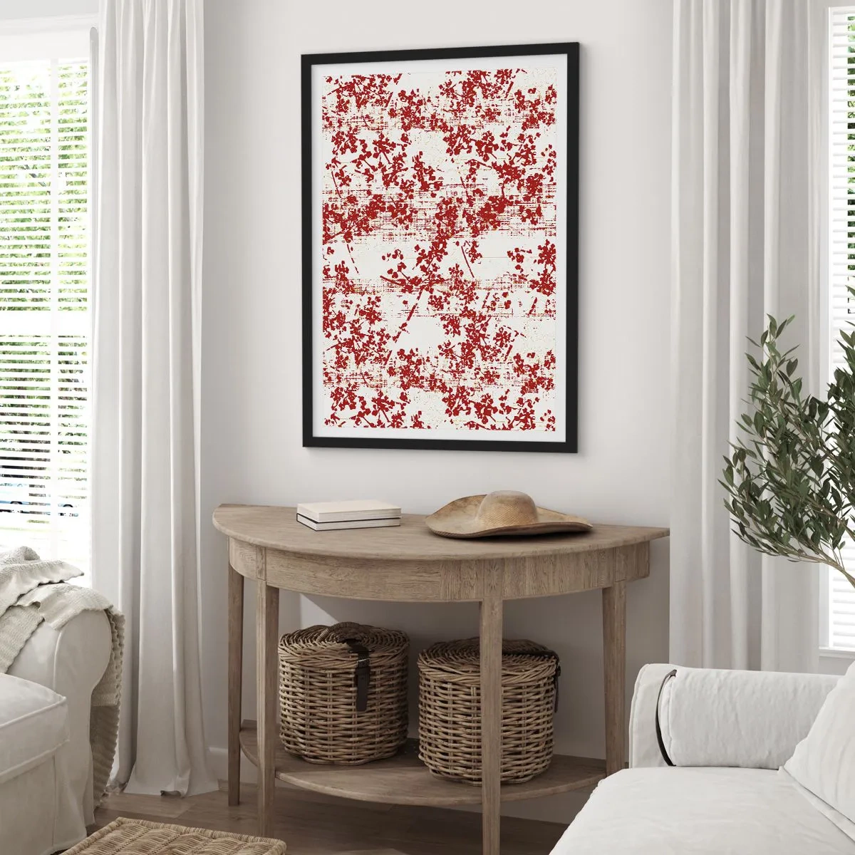 Plakat w czarnej ramie - Czerwone akcenty kwiatowe na jasnym tle - 50x70cm - Jak dawny perkalik - Nowoczesna dekoracja ścienna do salonu i sypialni ARTTOR