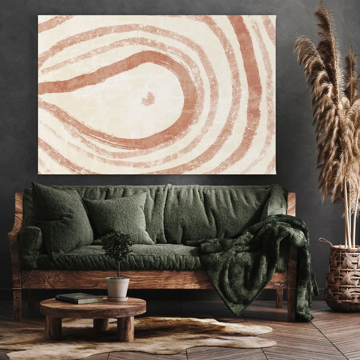 Obraz na płótnie - Abstrakcyjny motyw koncentrycznych linii w odcieniach terrakoty - 120x80cm - Koralowe kręgi – kompozycja - Nowoczesna dekoracja ścienna do salonu, kuchni i sypialni ARTTOR
