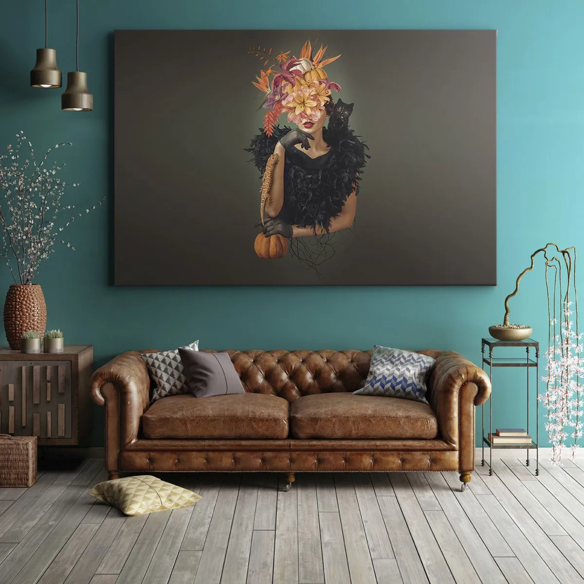 Obraz na płótnie - Portret kobiety z jesiennymi motywami i kotem - 70x50cm - Czar wiedźmy - Nowoczesna dekoracja ścienna do salonu i sypialni ARTTOR