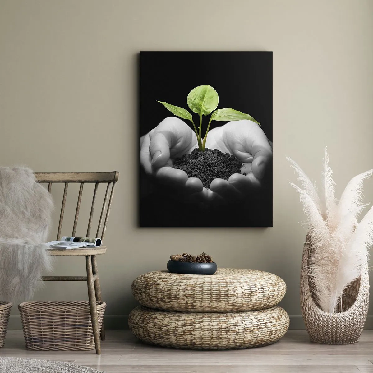 Obraz na płótnie - Kiełek w dłoniach na czarnym tle - 50x70cm - Kocham naturę, chronię ją - Nowoczesna dekoracja ścienna do salonu, kuchni i sypialni ARTTOR